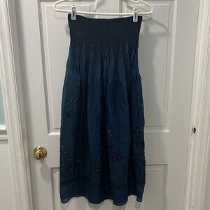 Lapis Smocked Strapless Midi Dress Convertible Skirt Beaded Dk Blue OSFA